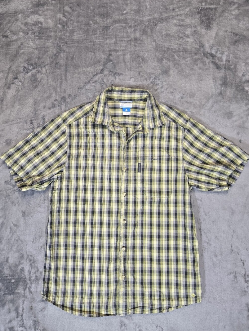 Y2K Columbia Yellow Check Short Sleeve Button Up Shirt Size Medium